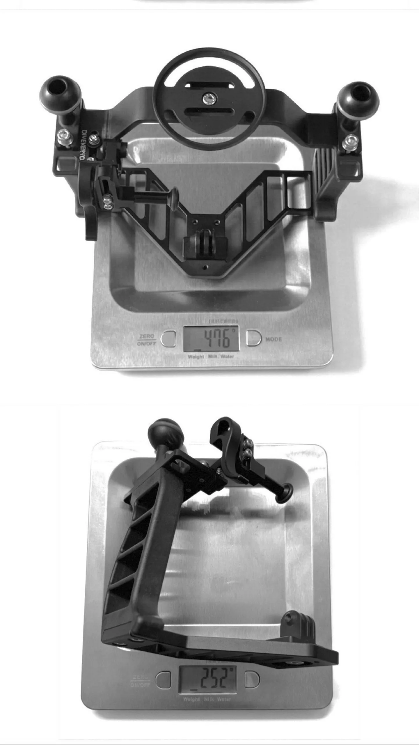 DIVEVERYDAY 托架與握把分別放在電子秤上量測重量