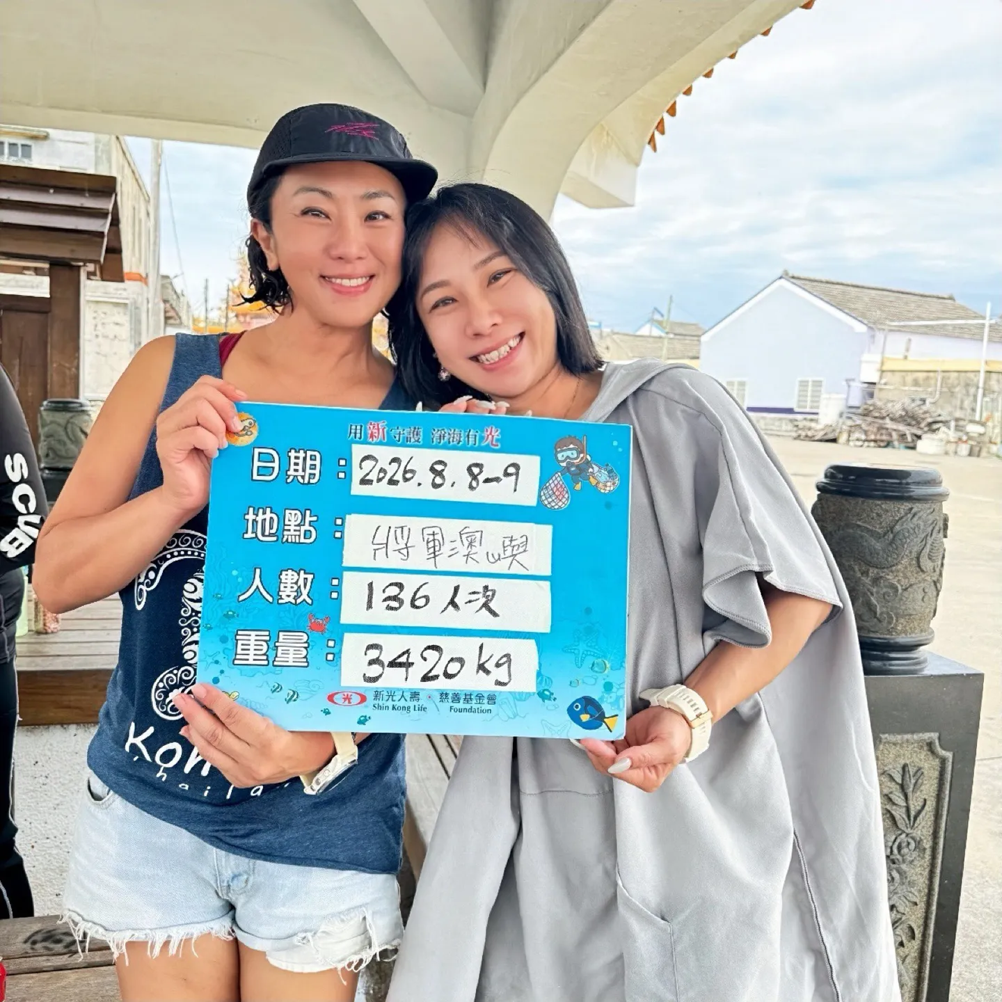 兩名參與者在岸邊合照，手上舉著寫有日期 2026.8.8-9、地點將軍澳嶼、人數 136 人次、重量 3420kg 的成果板