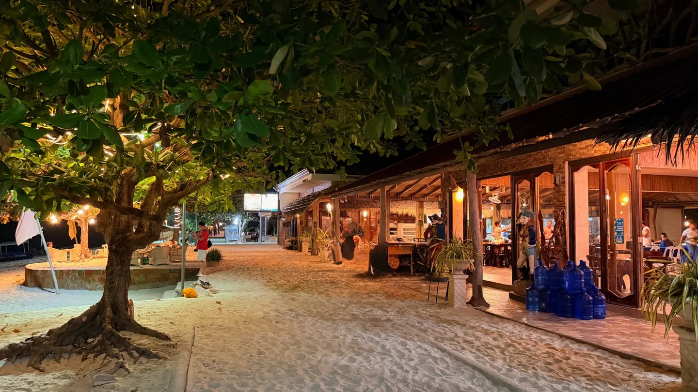 媽媽島晚上街景，大樹下掛著燈串，沙地兩旁是潛店與餐廳